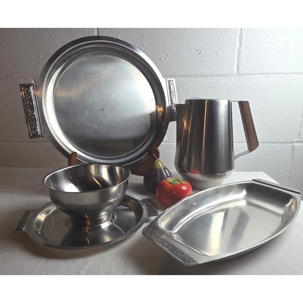 Vintage Stainless Steel Serving Set Floral Embossed 4 Piece MCM SSI Japan 18/8